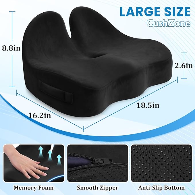 Seat Cushion, Ergonomic Memory Foam Seat Cushions for Office Chairs, Car, Long Trip, Desk Chair, Lab, Extra Large Size for Sciatica & Hip & Tailbone Pain Relief, Sciatica Support (Black)