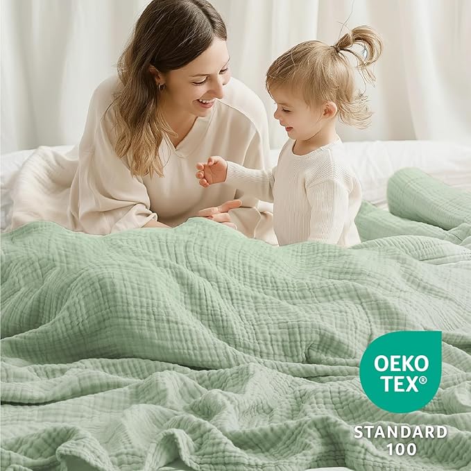 100% Cotton Muslin Blanket Queen 90" x 90", 6 Layers Breathable and Lightweight Cotton Throw Blanket for Bed, Soft Quilt Bedspread Coverlet, Gauze Blanket for Adults All Season, Sage Green