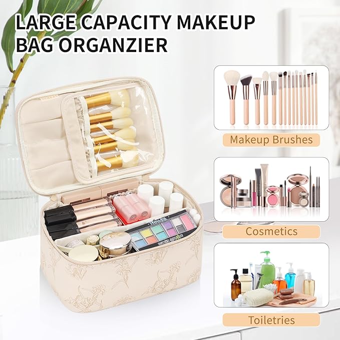 OCHEAL Makeup Bag for Women - Travel Cosmetic Organizer with Brush Slot & Divider, Large Capacity Toiletry Bag for Girls, Travel Makeup Case for everyday Make up Accessories -Beige floral