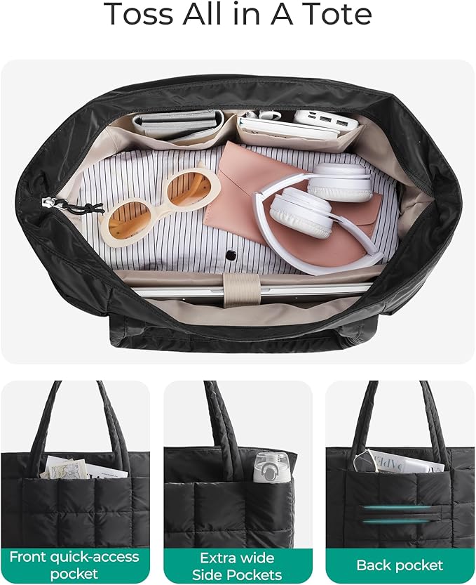 BAGSMART Expandable Tote Bag for Women, Puffer Work Tote Handbag, Quilted Carry On Bag for Travel Gym