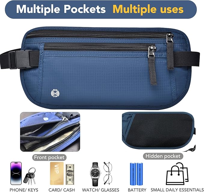 Travel Money Belt Hidden Passport Holder for Men/Women- RFID Blocking- Slim Anti-Theft Waist Wallet under Clothes,Travel Wallet Money Pouch, Travel Belt Fits Passport Phone Cash Cards (Navy Blue)