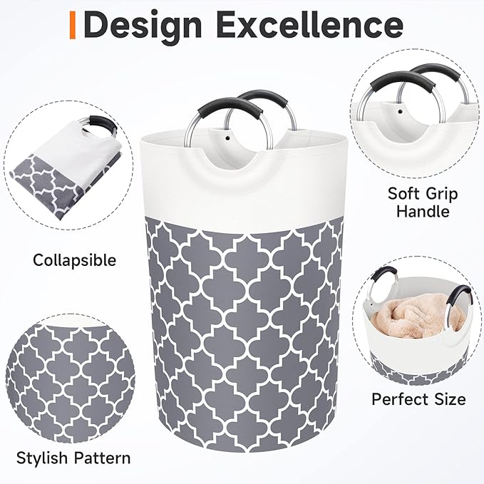 Large Laundry Basket Laundry Hamper Bag Washing Bin Clothes Bag Collapsible Tall with Handles Waterproof Travel Bathroom College Essentials Storage for College Dorm, Family (Grey) 75L