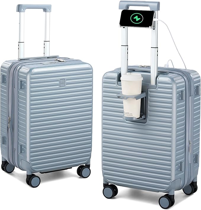 HanTrip Hard Shell Suitcases Airline Approved 20 Inch Carry on Luggage with Wheels, Expandable Travel Luggage with Cup Holder Charger Built in Lightweight Small Suitcase, Silver