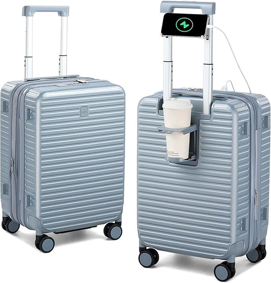 HanTrip Hard Shell Suitcases Airline Approved 20 Inch Carry on Luggage with Wheels, Expandable Travel Luggage with Cup Holder Charger Built in Lightweight Small Suitcase, Silver