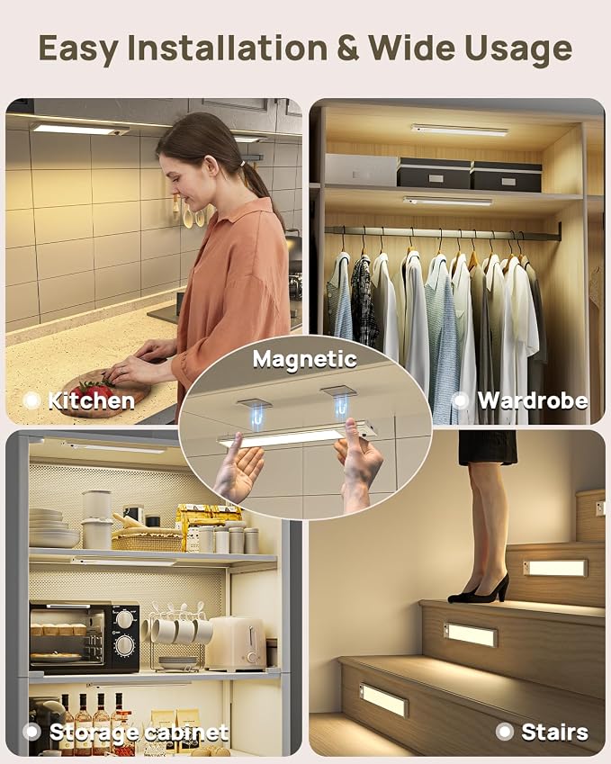 Under Cabinet Lights Wireless, 12'' Rechargeable Motion Sensor Light Indoor, 3 Color Temperature Dimmable Closet Lighting with Remote, Under Counter Lights for Kitchen, Pantry, Stairs, Wardrobe