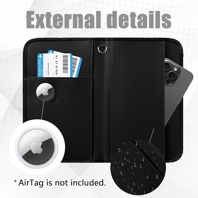 GOAUS Passport Holder with AirTag Slot, PU Leather Travel Document Organizer, Multiple RFID Blocking Wallet for Family of 4 to 6 Black