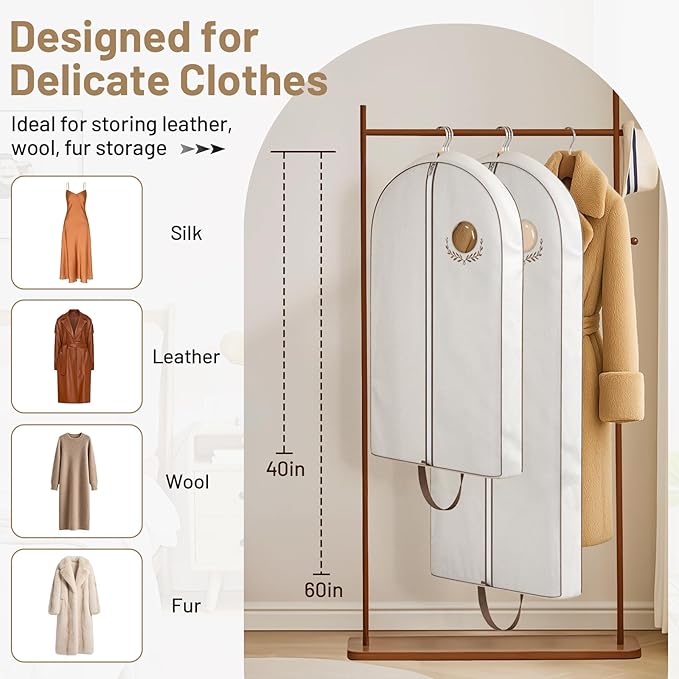 MISSLO 60" Cotton Garment Bag for Long Dress Breathable Garment Bags for Hanging Clothes Travel Women Dress Cover Luxury Hanging Clothes Storage for Fur Coat, Jacket, Gown, Suit