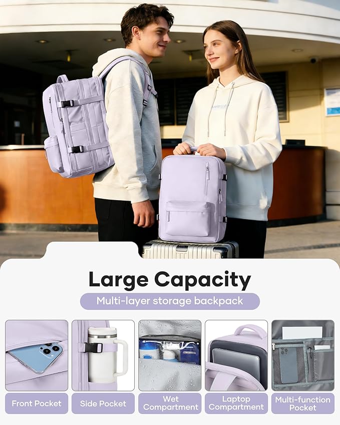 VECAVE Vacuum Backpack Travel with Pump, Expandable Personal Item Carry on Backpacks for Women Men, Laptop Waterproof Work Compression bags with USB Casual Daypack Purple