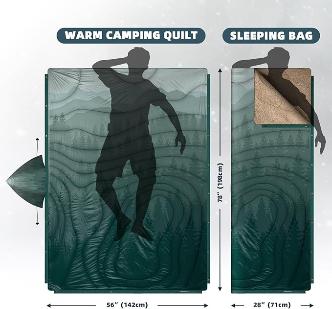Outdoor Camping Blanket with Sherpa Lining, Extra Warm Thick Camp Blankets and Puffy Ultralight Soft Poncho DWR Camping Quilt for Cold Weather, Adventure, Sleeping, Backpacking 78"x 56"