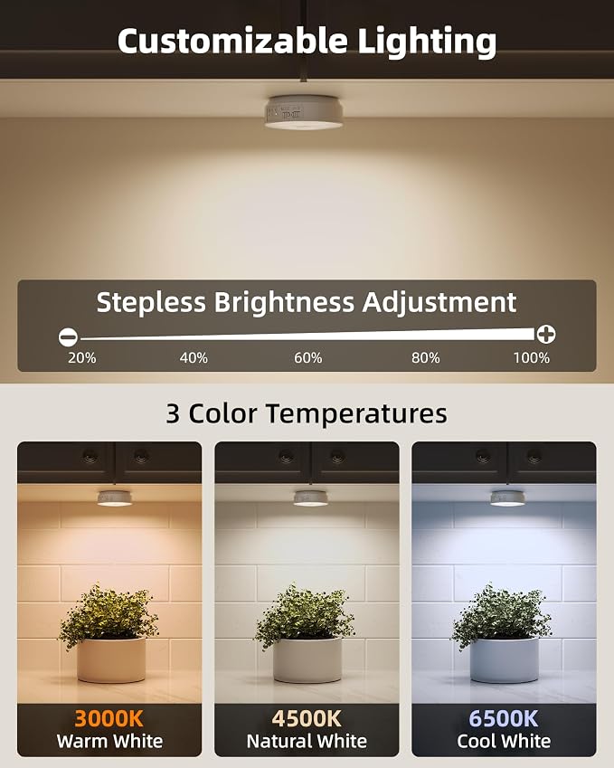 EZVALO 8 Pack Motion Sensor Closet Lights with Charging Station, 1200mAh Rechargeable LED Night Lights, Under Cabinet Lights, Puck Light, Dimmable, 3 Color Temps, Magnetic, Stick-On for Kitchen