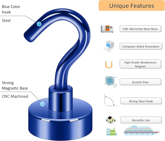 Neosmuk Magnetic Hooks, 30lb+ Heavy Duty Earth Magnets with Hook for Refrigerator, Extra Strong Cruise Hook for Hanging, Magnetic Hanger for Cabins, Grill (Navy Blue, Pack of 6)