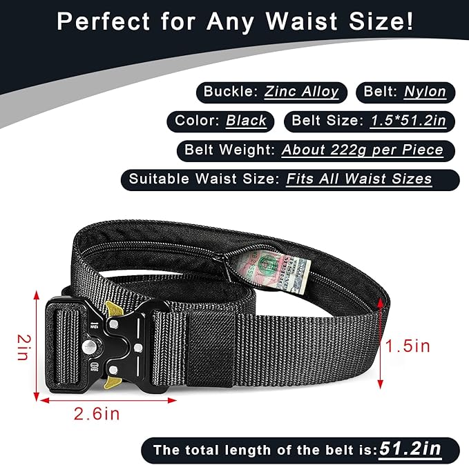 Tactical Belts for Men - Money Belt for Travel for Man Hidden, Belts for Jeans Mens Adjustable edc Belt Mens Belt, Money Belt for Travel for Men Hidden(Black)