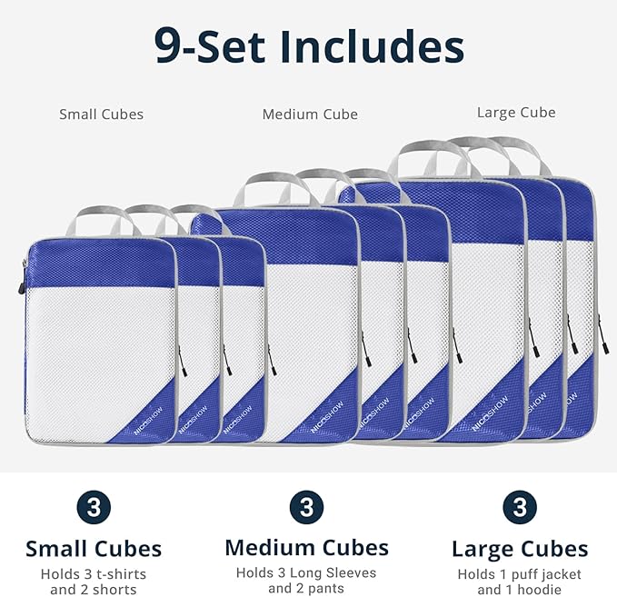 9 Set Compression Packing Cubes for Travel - Compressible, Lightweight, and Space-Saving Packing Cubes, Travel Essentials for Women, Royal Blue