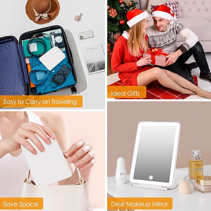 DenCert Rechargeable Travel Makeup Mirror 72 LED Lighted Compact Slim Vanity with Lights 3 Lighting Modes Dimmable Touch Screen (White),(DenCert)