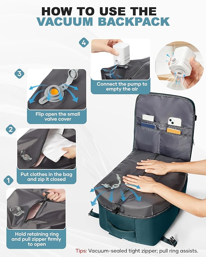 coofay Large Vacuum Backpack Travel with Pump Vacpack Travel Backpack with Vacuum System Compression Backpacks for Travel Easy Vac Pack Carry on Luggage