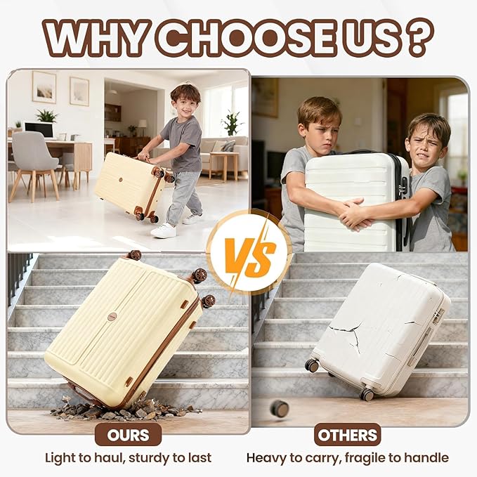 Hoteel Luggage Set 3 Piece, 4-Year Warranty, Suitcases with Wheels, PC+ABS Hardshell Suitcase, TSA Lock, Including Waterproof Luggage Bag, Travel Maletas for Men & Women, Beige