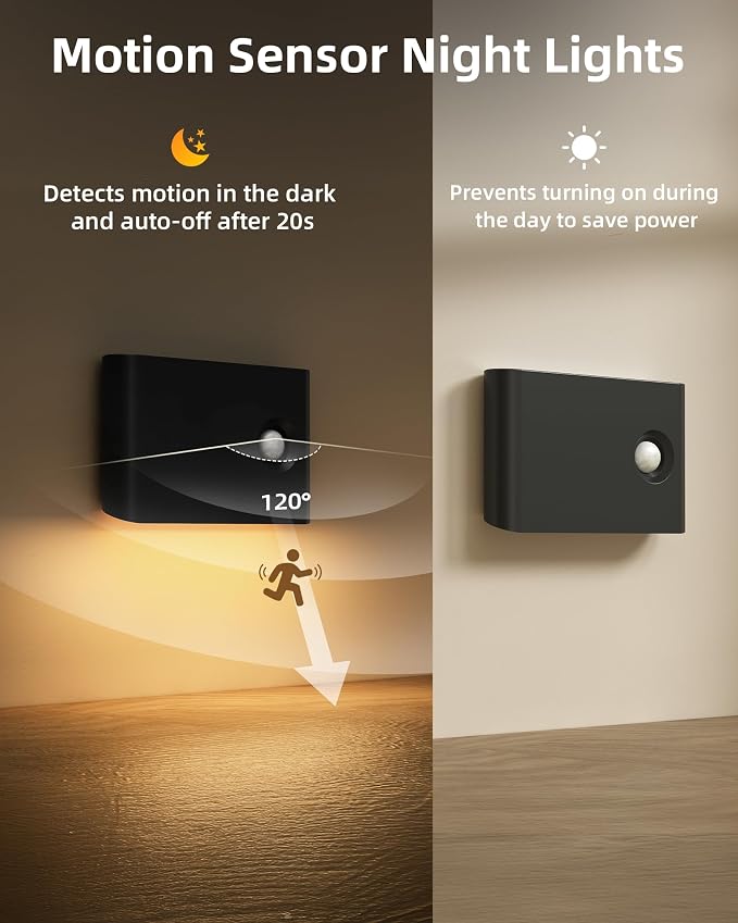 EZVALO 3 Pack Motion Sensor Night Lights, Sync LED Stair Lights Indoor, 1500mAh Rechargeable, Magnetic & Dimmable, 3000K Soft White, Portable Nightlight for Hallway, Stairs, Bathroom, Bedroom (Black)