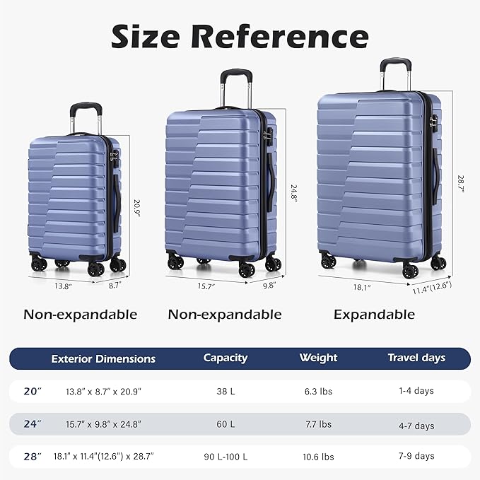 Coolife Luggage Sets, 3 Piece Hard Shell Suitcase Set with Spinner Wheels, Expandable Large Checked Luggage, Lightweight Rolling Carry On with TSA Lock Blue