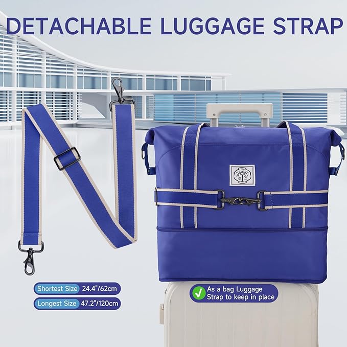 WALNEW Travel Duffel Bag, Weekender Overnight Carry On Bag for Women Men, Foldable Waterproof Gym Luggage Duffle Bag with Metal Buckle Detachable Shoulder Strap and Wet Compartment (Klein Blue)