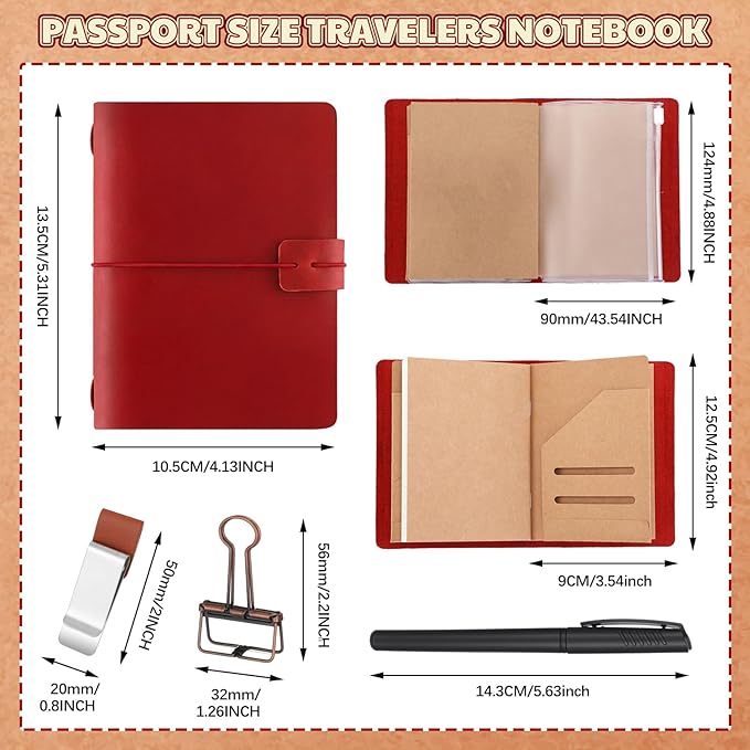 Thenshop Travelers Refillable Leather Journal Notebook Travel Diary Handmade Passport Travelers Journal for Men and Women with 3 Notebook Inserts, Pen Holder, Binder Clip(Wine Red,Passport Size)