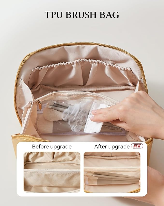 EACHY Travel Makeup Bag, Large Capacity Cosmetic Bag for Women, Waterproof PU Leather, Flat Open Portable Toiletry Bag for Skincare, Brushes & Travel Essentials
