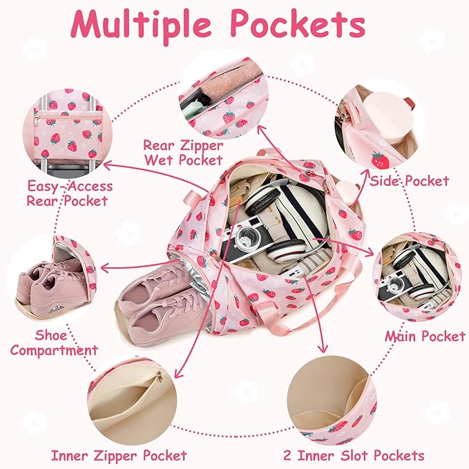 CAMTOP Kids Duffel Overnight Bag Boys Girls Toddler Weekender Carry-On Personalized Tote for Travel Gym Sport (Pink Strawberry)