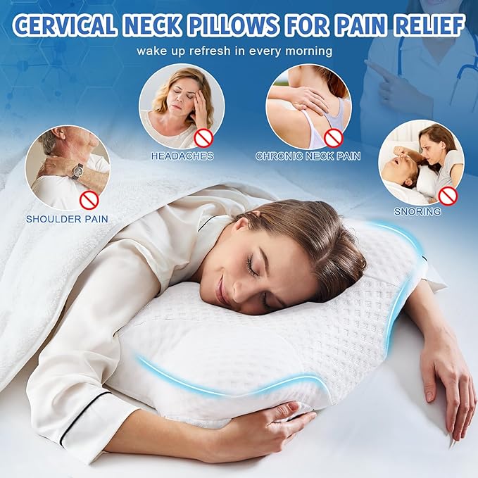 Cervical Neck Pillows with Memory Foam - Neck Pillows for Pain Relief Contour Memory Foam Pillows Ergonomic Neck Support - Adjustable Orthopedic Pillows with Breathable Pillowcase White