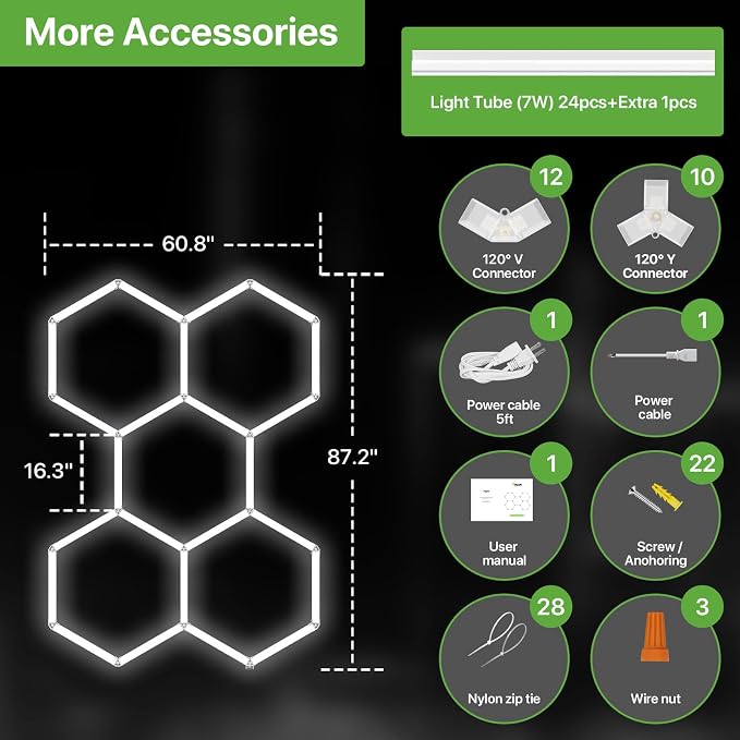LED Hexagon Garage Lights, 5-Grid 168W 18,480LM 6500K, 100-240VAC | Hex Garage Lights with Honeycomb Design, 110LM/W, RA>80 for Car Detailing, Workshops, and Home Gyms, Quick Easy Installation