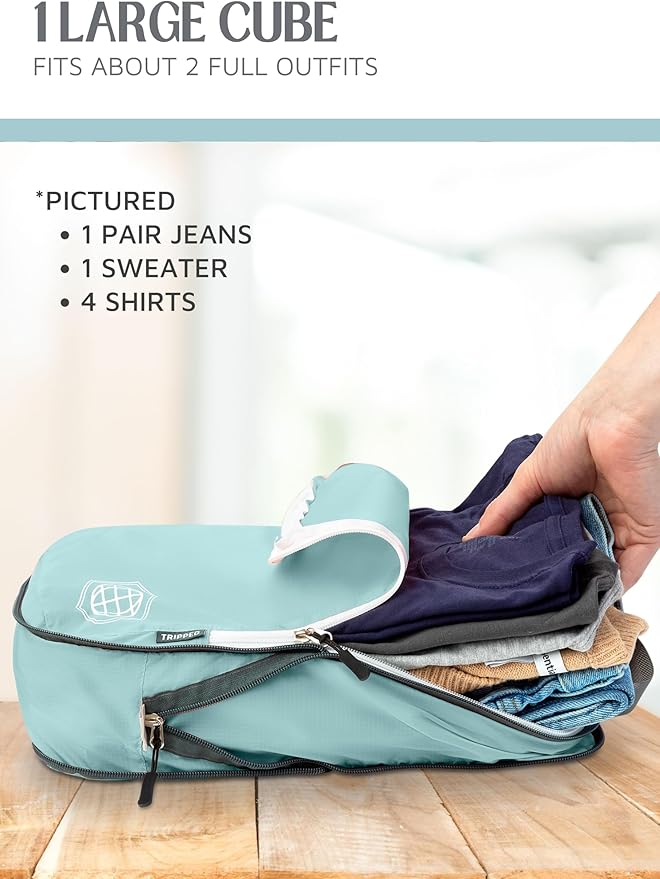 Compression Packing Cubes 2 Piece Set for Carryon Suitcases- Lightweight, Durable Clothes Organizer (Dusty Teal and White)