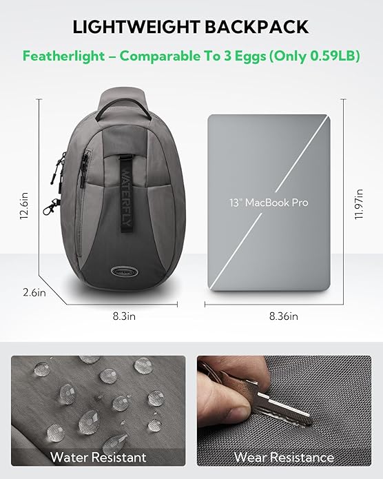WATERFLY Small Crossbody Sling Backpack: RFID Blocking Anti Theft Sling Bag Travel Daypack Man Woman