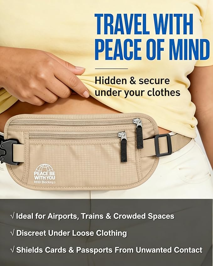 Hidden Money Belt for Travel, RFID Blocking, Sweat-Proof, Heavy-Duty Buckle, 3rd Gen Waist Wallet Anti Theft to Protect Cash, Credit Cards and Documents Under-Clothes for Men & Women, Beige
