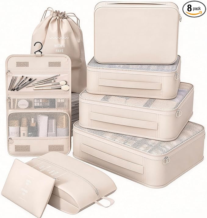 8 Set Packing Cubes for Travel,Suitcase Organizer Bags for Luggage with Shoe & Hanging Toiletry Bag, Vacation Essentials & Accessories for Cruise Ship, Airplane Must-Have,Road Trip & Camp Gifts(Cream)