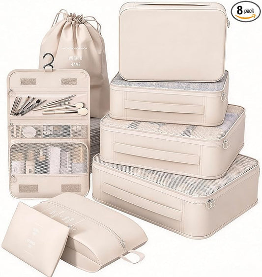 8 Set Packing Cubes for Travel,Suitcase Organizer Bags for Luggage with Shoe & Hanging Toiletry Bag, Vacation Essentials & Accessories for Cruise Ship, Airplane Must-Have,Road Trip & Camp Gifts(Cream)