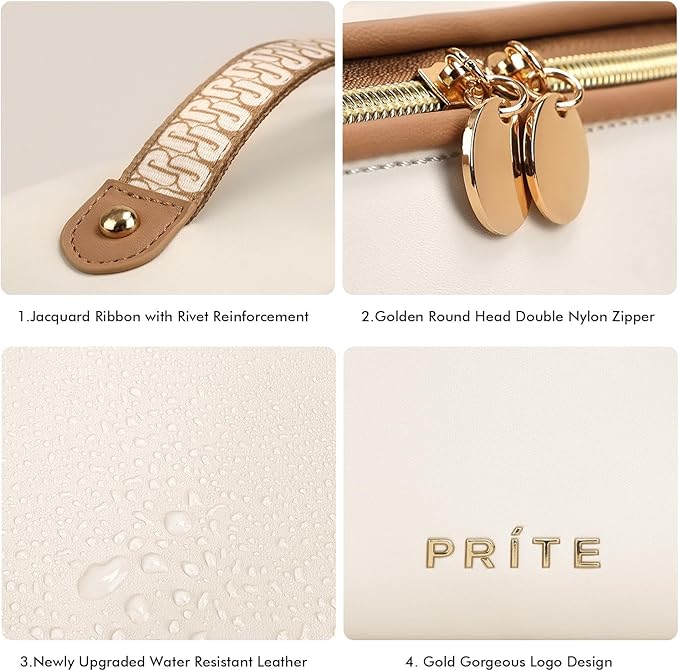 Prite Makeup Bag for Women Travel Waterproof Vegan Leather Cosmetic Bag Open Flat Toiletry Bag With Clear Divider and Handle (Large Beige)