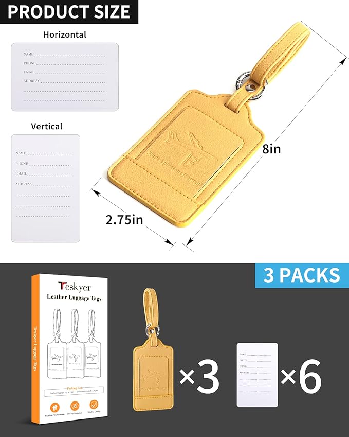 3 Pack Luggage Tags - Quick Install, Privacy Protection, Airplane Travel Essentials for Suitcases, Durable Leather - Lichee Yellow