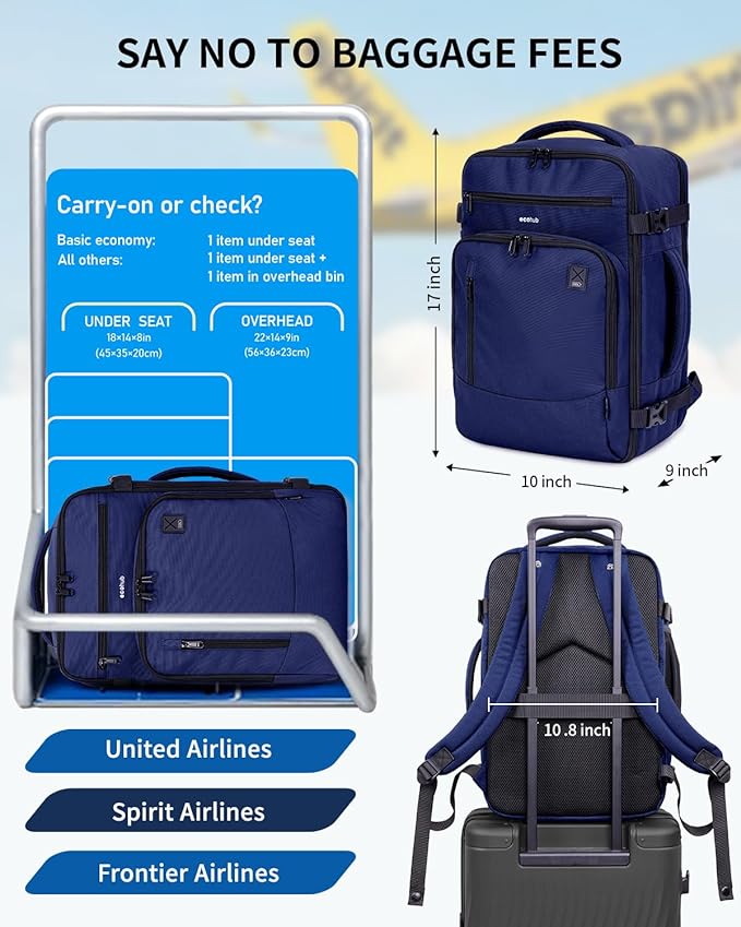 ECOHUB 17" Small Travel Backpack, United Airlines Personal Item Bag 17x10x9 with 16 Pockets, Water Resistant Rucksacks Fit 15.6" Laptop, AirTag Pocket, Lightweight Casual Daypack, 25L, Blue
