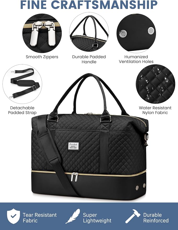 Travel Weekender Duffle Bags for Women: Overnight Bags with Shoe Compartment Large Carry on Weekend Bag with Toiletry & Wet Pocket Tote Duffel Bag Hospital Bag for Women Labor Delivery Black