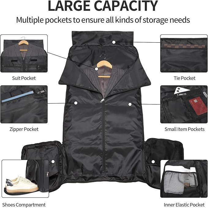 seyfocnia Carry On Garment Bag for Travel, Convertible Travel Garment Bag for Men Women, 2 in 1 Hanging Suitcase Suit Business Travel Bag, Black