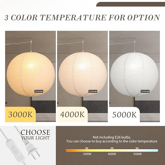 23.6in Paper Lanterns Plug in Hanging Lamp White, 19.7FT Cord | Rice Paper Lamp Lantern Pendant Light Large Globe Japanese Japandi Wabi Sabi Chandelier for Dining Living Room Bedroom 1 Pack