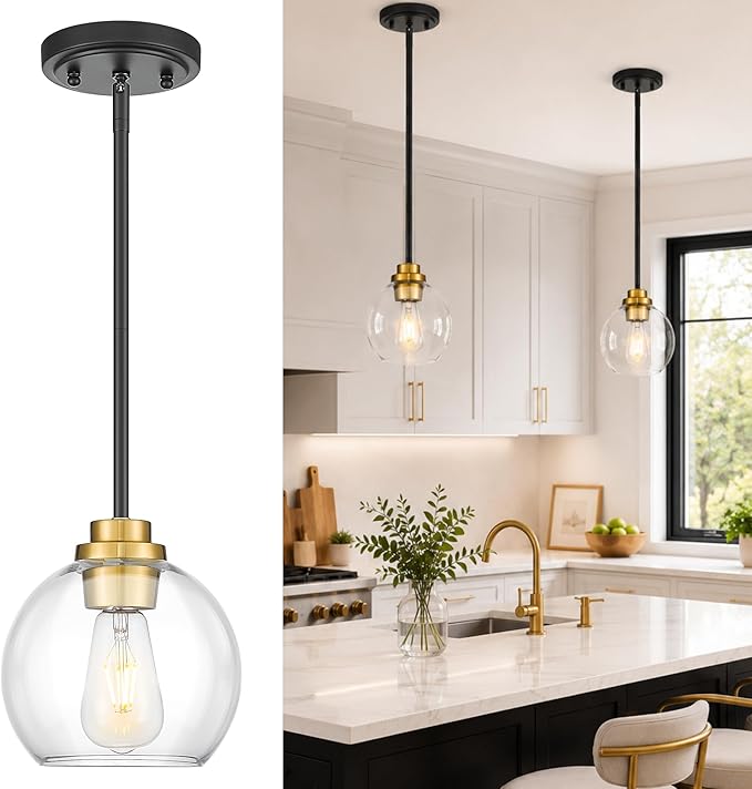 Pendant Lights Kitchen Island, 7" Black and Gold Hanging Lights Fixtures with Clear Glass Globe Shade, Modern Kitchen Island Lighting for Bathroom, AD-22280-1P-KG