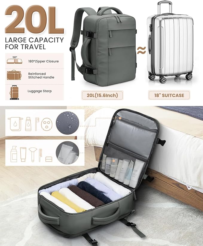Pritent Travel Backpack for Women Man, Waterproof Personal Item Travel Bag Airline Approved Laptop Backpack Bookbag Weekender bags for Business,Travel, Work Fits 15.6 inch Laptop(Medium,Green)