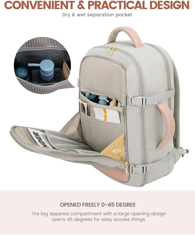 LOVEVOOK Travel Backpack for Women, 50L Carry On Backpack Flight Approved with Garment Bag, Personal Item Travel Bag Fit 17 Inch Laptop, Business Weekender Overnight Daypack With 2 Cubes, Pink-Grey