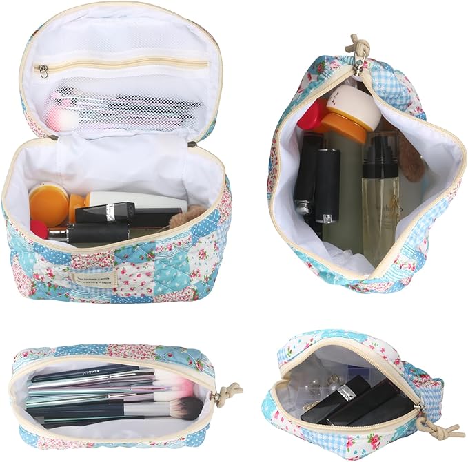 Cute Makeup Bag for Women(2 Pcs), Travel Cosmetic Bags, Quilted Coquette Aesthetic Floral Toiletry Organizer Bag (43 - Grid Rose/4PCS)