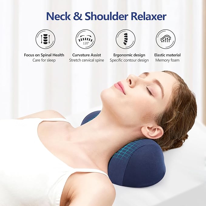 ComfortLife Small Neck Stretcher Pillow for Pain Relief, Medium Soft Cervical Traction Device Neck Mild Support Pillow Foam Cervical Neck Pillow for Tension Muscle Relax Relief (Dark Blue)