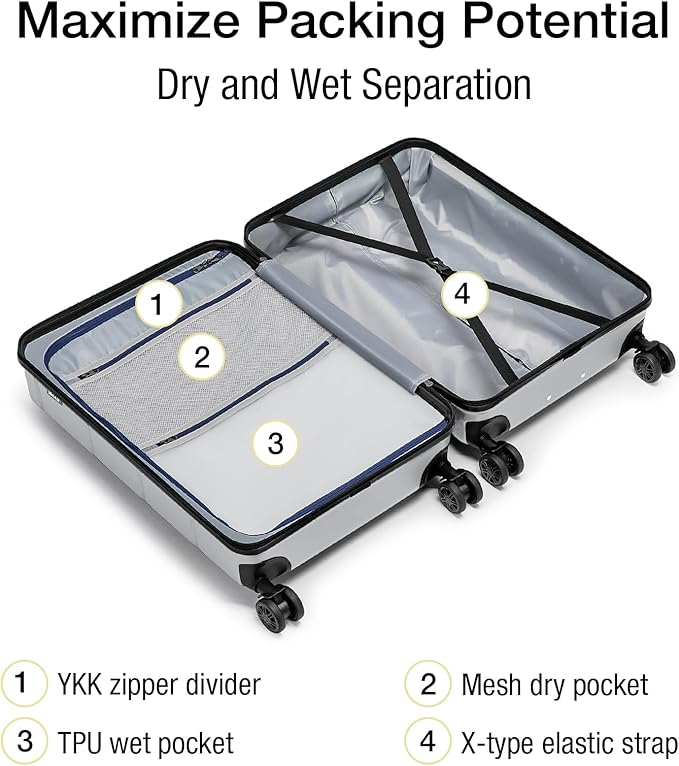 KYME Carry On Luggage 22x14x9 Airline Approved Hardshell Carry On Suitcases with Wheels Travel Rolling 20 Inch Luggage with Cup Holder for Women Men,Carry-on Silver Grey