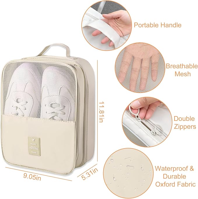 Shoe Bags for Travel Holds 3 Pair of Shoes, Shoe Storage Pouch with 2 Pack Portable Bags, Waterproof & Washable, Cream