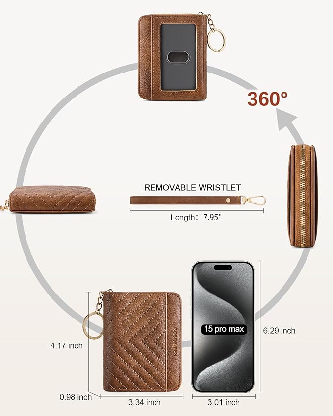 BOSTANTEN Credit Card Holder Wallet RFID Blocking Leather Small Wallet for Women Zipper Keychain Wallet with Wristlet Brown