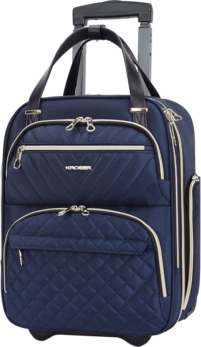 KROSER Carry On Underseat Multi-functional, 16-inch Underseater Lightweight Overnight Suitcase for Men Women, Navy/Gold