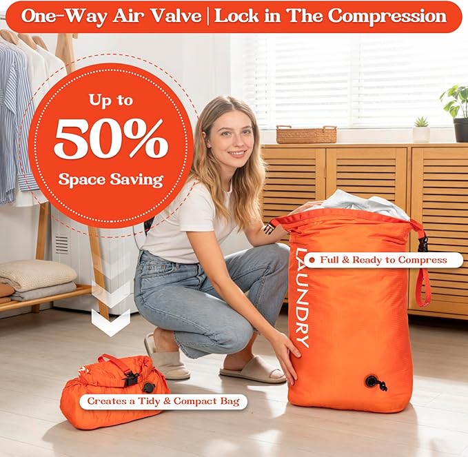 Travel Laundry Bag, Vacuum Compression Dirty Clothes Travel Bag, Waterproof Wet/Dry Space-Saving Laundry Storage Organizer, Smell Proof Storage Bag for Clothing, Swimming, Yoga, Gym, Camping