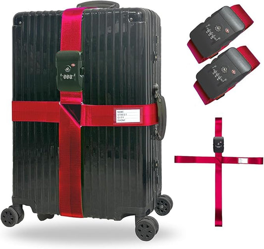 Luggage Straps TAS,Travel Strap with Name tag,Easy to Identify,Luggage Straps TSA Approved with Lock,Combination Luggage Lock with Adjustable Length,Compatible with 20-34 inch Luggage(Red 2 Pack)